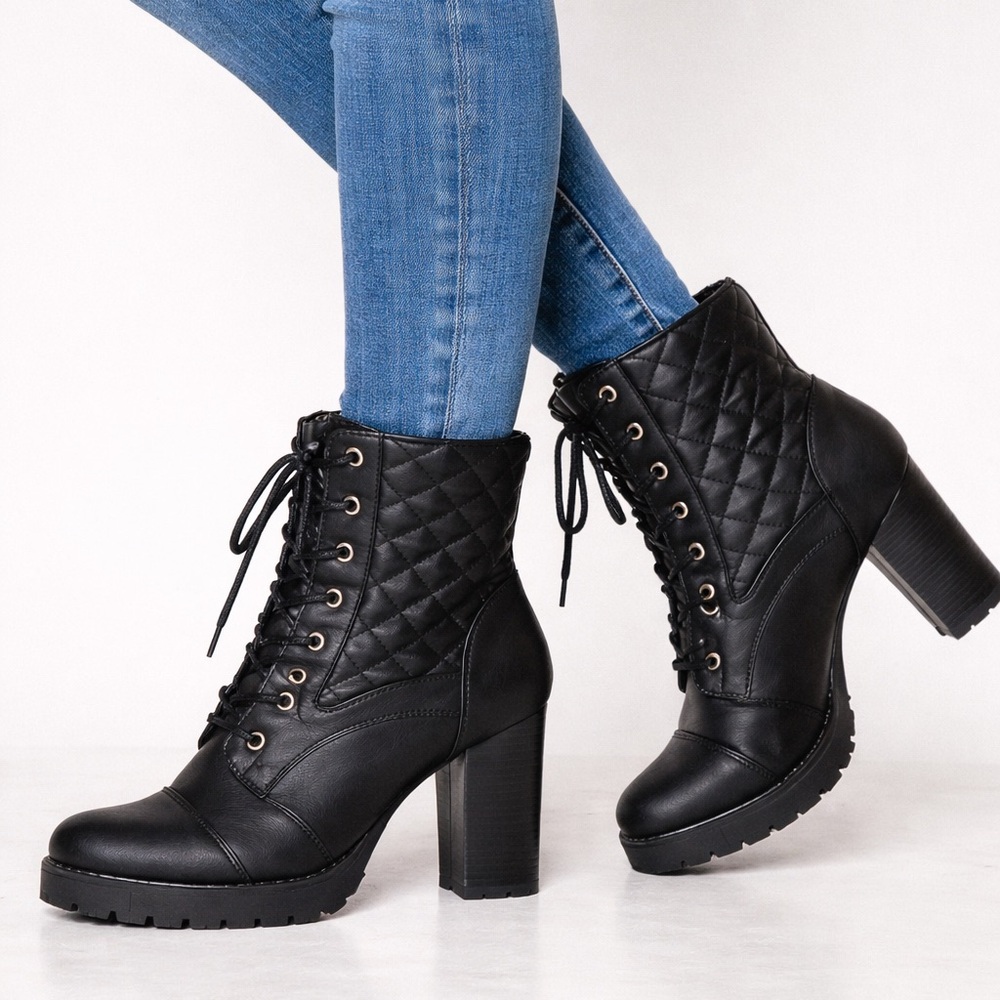 Forever 21 Black Quilted Lace-Up Boots